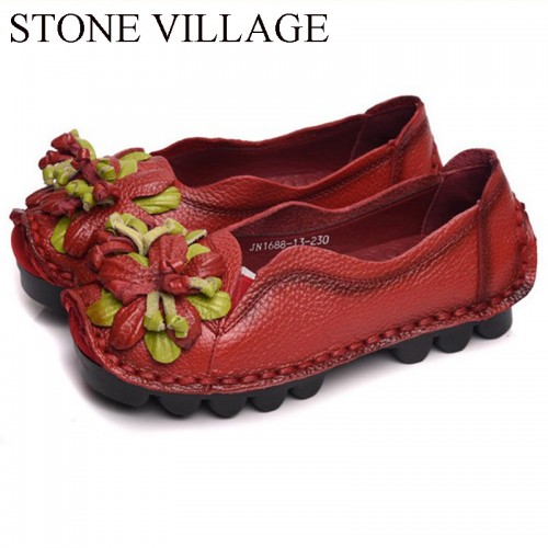 Ethnic Style Genuine Leather Women Shoes Handmade Flower Vintage Flat Shallow Slip-On Casual Shoes