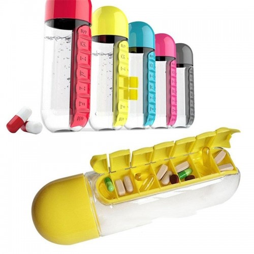 600ml Sports Plastic Water Bottle Combine Daily Pill Boxes Organizer  Leak-Proof Bottle Outdoor 