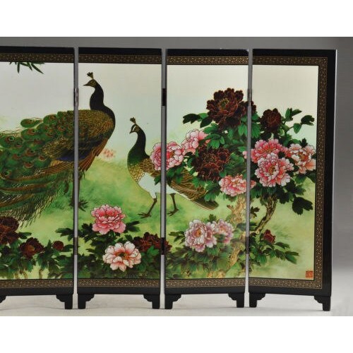 Beautiful Oriental Lacquer Handwork Painting Peafowl Fold Screen