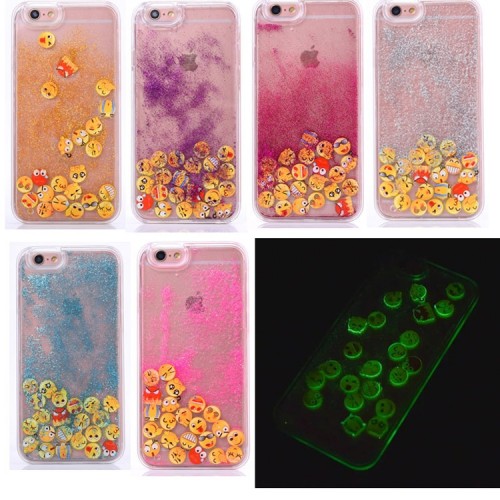 Glow In The Dark Noctiluncent Quicksand Glitter Stars Emoticons Smile Liquid Cover Case For iPhone
