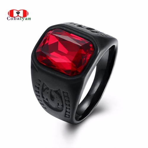 Classic Black Gun Plated Red Crystal Stone Fashion Finger Rings for Men