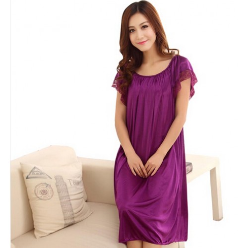 Summer short sleeve sleepwear viscose lace nightgown
