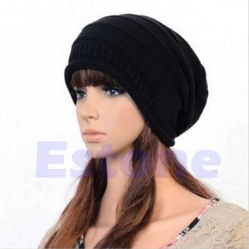 Black Winter Unisex Oversized Slouch Cap Plicate Baggy Beanie Knit Crochet Ski Hat
