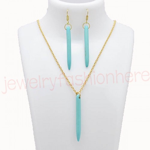 Golden Turquoise Drop Pendant Necklace Earring Set