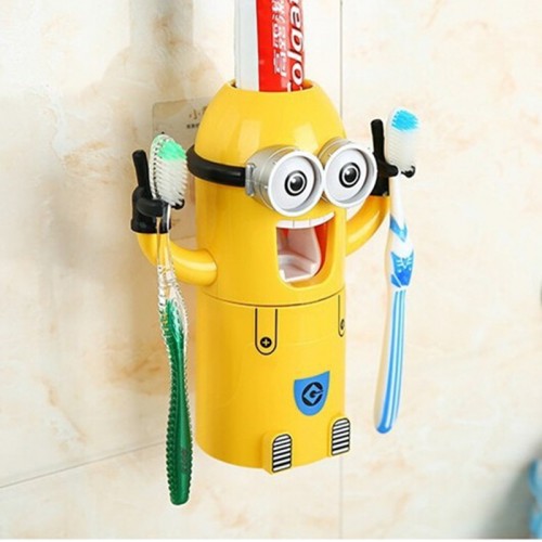 Children Kid Gift Cute Design Set Cartoon Yellow Doll Minions Toothbrush Holder Automatic Toothpaste Dispenser