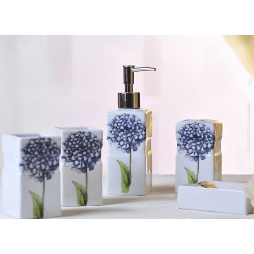 five piece blue hydrangea pattern ceramic bathroom set bathroom amenities toothbrush holder soap dispenser toiletries