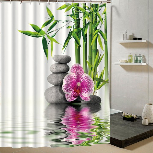 Bamboo Water Fountain Japanese Flower Garden Relaxing Fabric Shower Curtain Set for Bathroom Decor