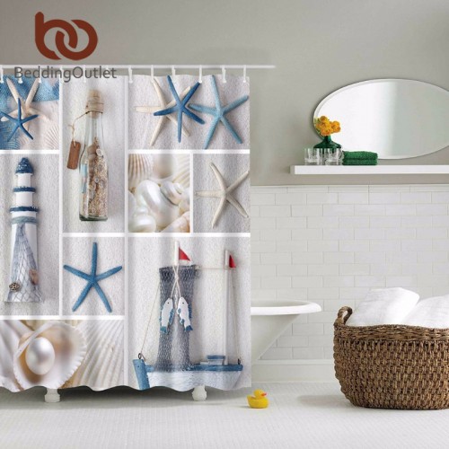 BeddingOutlet Sea Shells Starfish Shower Curtain Beach Ocean Shore Coastal Decor Mediterranean Waterproof 71 x 71