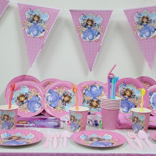 Princess Sofia Cartoon Party Set Disposable Tableware Paper Cup Plate Flag For Birthday