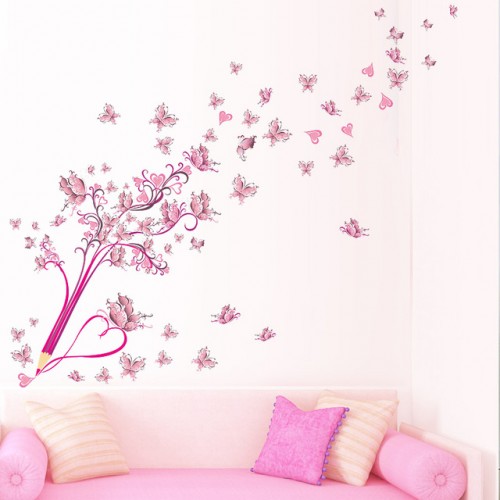 Flying Pink Buttrfly Flower Blossom Pencil Tree Removable Living Room Girls Bedroom Wall Sticker