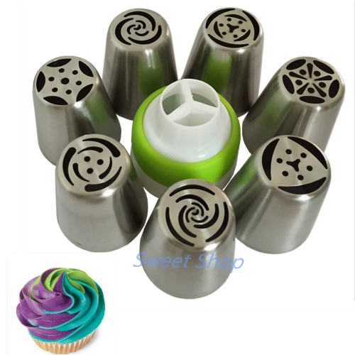 7PCS Stainless Steel Russian Tulip Icing Piping Nozzle 1 Adaptor Converter Pastry Decorating Tips Cake Cupcake