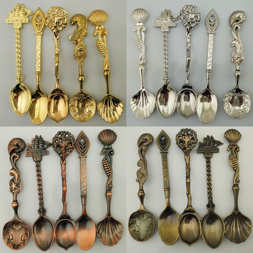 5pc Set Vintage Style Spoons Collectible Dessert Sweet Coffee Decor Snack Detailed Elegant Nautical Retro
