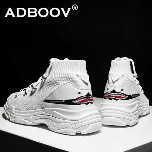 ADBOOV High Top Sneakers Men Unisex Knit Upper Breathable Shoes Fashion Shark Logo Couple Black White