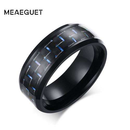 Meaeguet Jewelry Simple Blue Black Carbon Fiber Inlay Ring For Men Stainless Steel Wedding Band Engagement