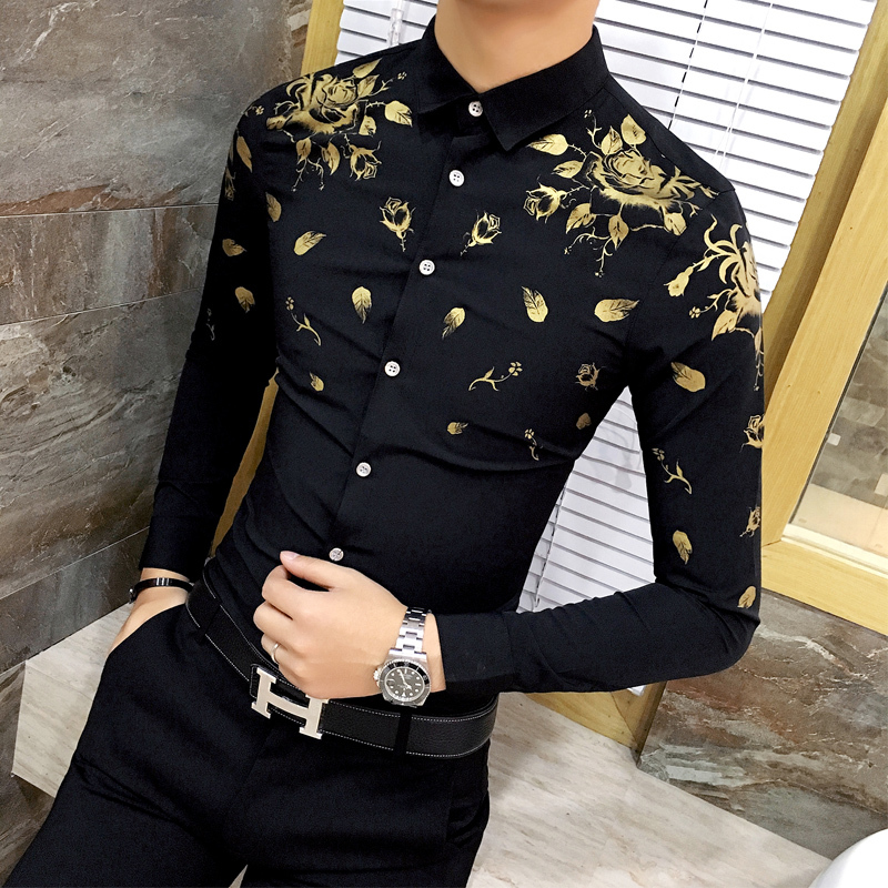 Men Dress Shirt with Gold Print Black White Long Sleeve Fashion ...