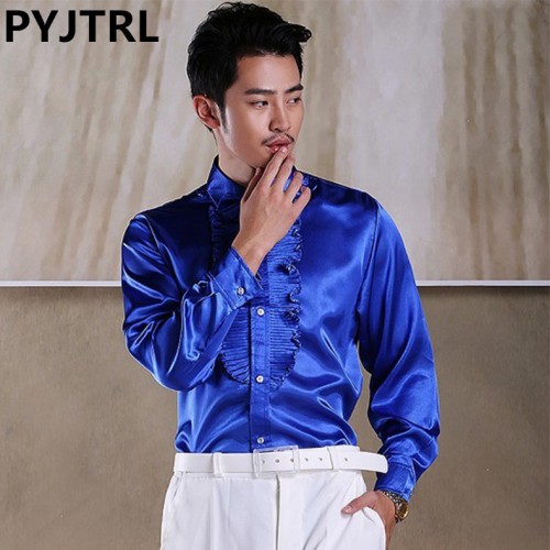 PYJTRL Mens Colour Lotus Leaf Length Sleeve Satin Shiny Shirt Stage Show Clothing Student Red Song