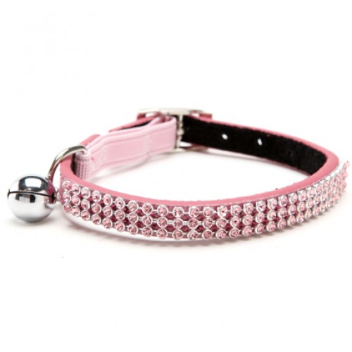 Bling Crystal Real Leather Puppy Cat Collar with Safety Elastic Belt Bell collar for Cat