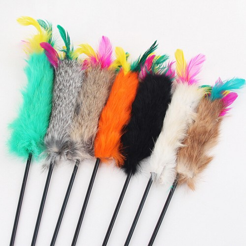 Multi colors Rabbit Feather Wand Stick for Cat Catcher Teaser Toy Pets Kitten Jumping Train Aid