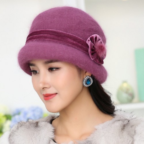 Winter Women Floral Skullies Soft Wool Mixed Rabbit Fur Hat Warm Knitted Beanies Baggy Headwear Cap