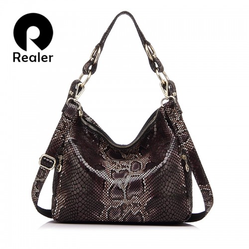 REALER brand women handbag genuine leather bag female classic serpentine prints ladies handbags
