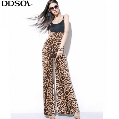 Leopard Wide Leg Pants Women High Tie Waist Loose Bell Bottom Trousers Summer Pattern Long