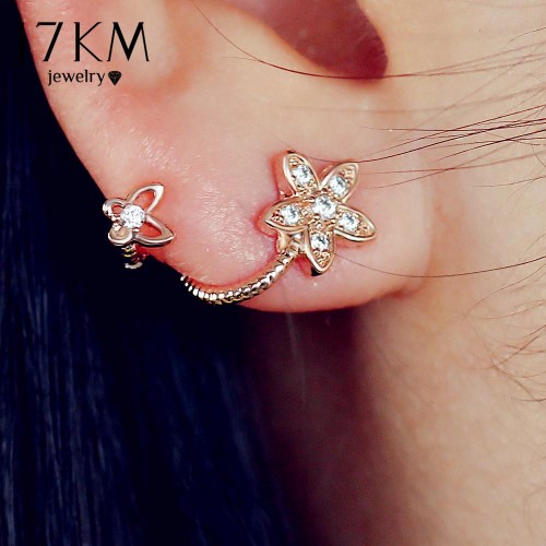 17KM Brand New Rose Gold Color Crystal Flower Earrings Luxury Double Sided Stud Earring joyeria Maxi