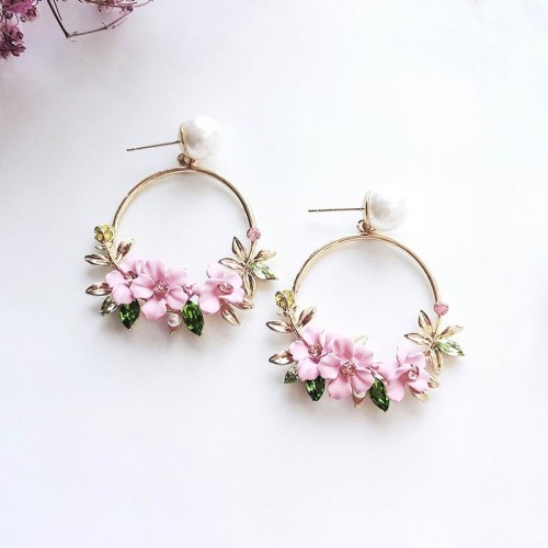 MENGJIQIAO New Elegant Big Circle Flower Drop Earrings For Women Fashion Simulated Pearl Rhinestone Boucle