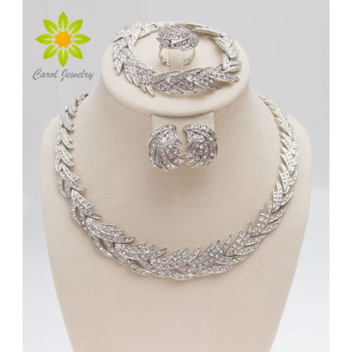 Free Shipping Leaves Shape Silver Plated Clear Crystal Jewelry Set New Fashion Wedding Bridal African