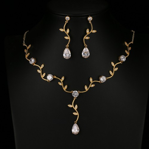 VALEN BELA Original Rose Gold Color Zircon Crystal Bridal Wedding Jewelry Sets Leaf Shape Choker Necklace