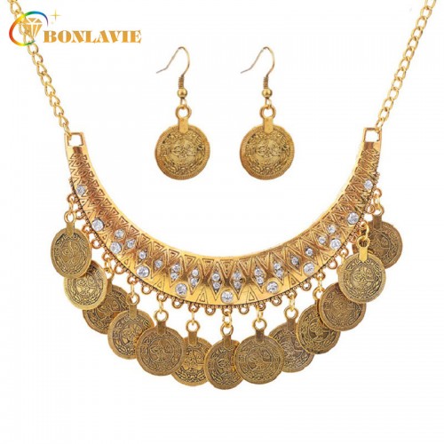 Vintage Tassel Crystal Jewelry Set Costume Pendant Necklace Ethnic Long Coin Behomain Jewelry Sets