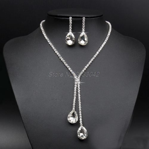 Wedding Bridal Rhinestone Crystal Drop Necklace Earring Plated Jewelry Sets W128