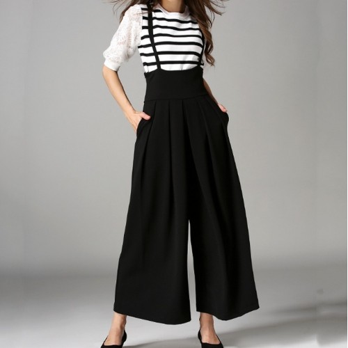 Fashion Back Cross Strap Wide Leg Overall Pants Summer New Casual All Match Culottes Solid
