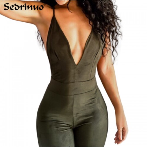 Summer Women Party Bodycon Jumpsuit Deep V neck Cross back strappy bodysuit overalls bandage