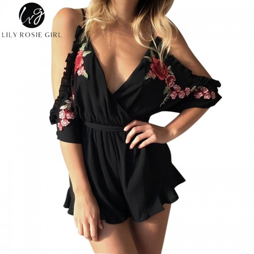 Off Shoulder Ruffler Black Rose Floral Embroidery Women Playsuits Party Rompers Jumpsuits Autumn Overalls Macacao