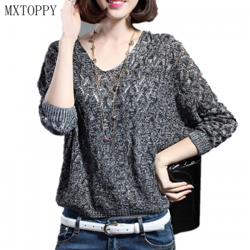 Autumn and Winter Women Basic Pullover Hollow Sweaters Loose Knit V neck Solid Pullover