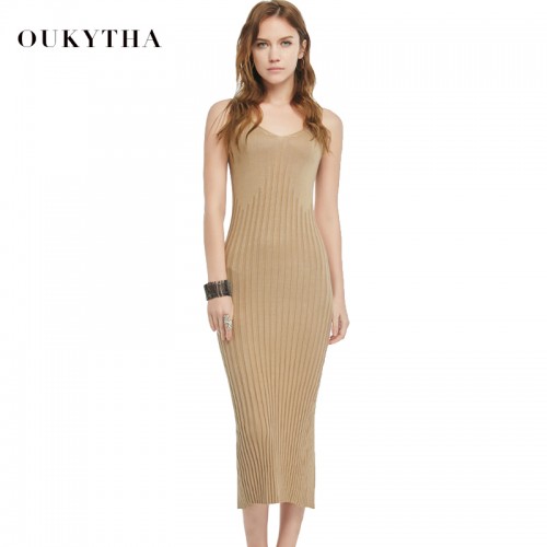 Oukytha Summer New Casual Sleeveless V neck Sweater Close fitting Maxi Long Dress Brown Colour
